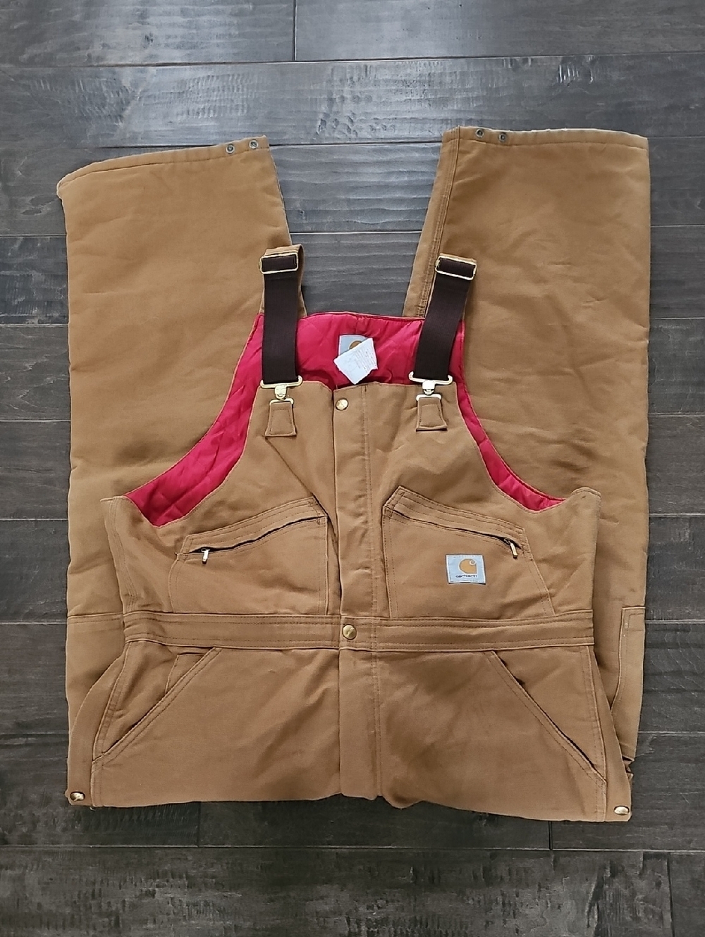 VINTAGE Beautiful Carhartt Brown Duck Bib Overalls with Red Lining Sz 40 X 30 - Picture 13 of 14